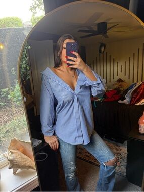 Brooks Brothers Blue and White Striped Off-Shoulder Button-Down Shirt